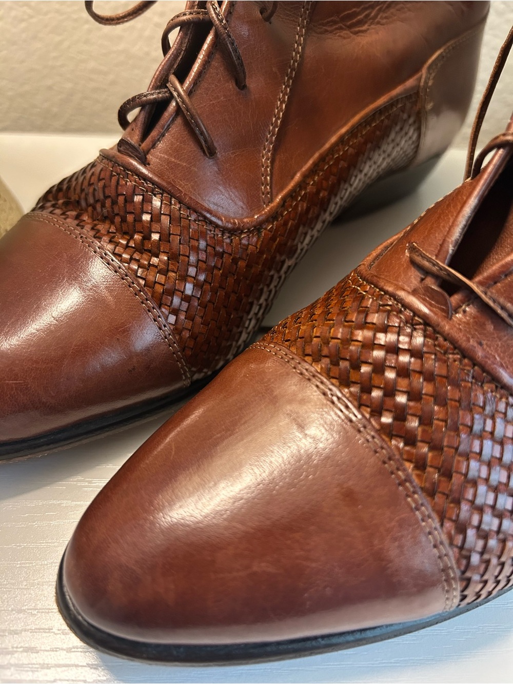 Authentic Vintage Saks Fifth Avenue Brown Woven Leather Lace-Up Ankle Boots View 5
